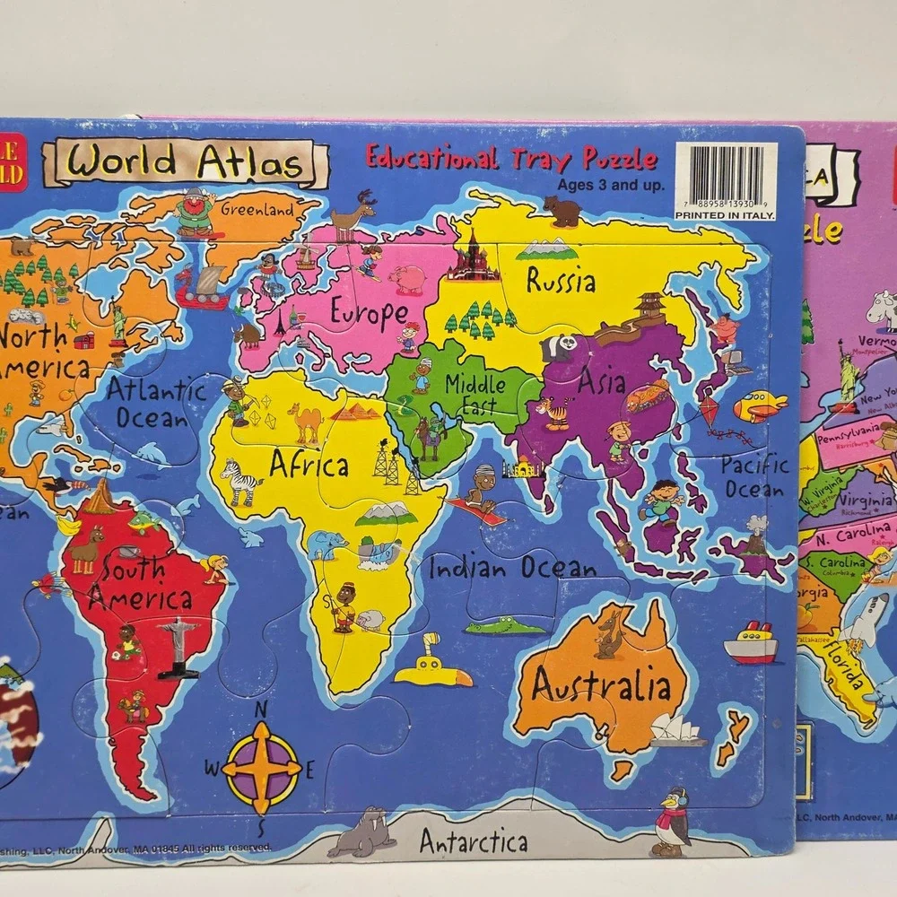 Puzzle World Tray Puzzle Kids Multicolor Geography World Atlas USA Map Vintage